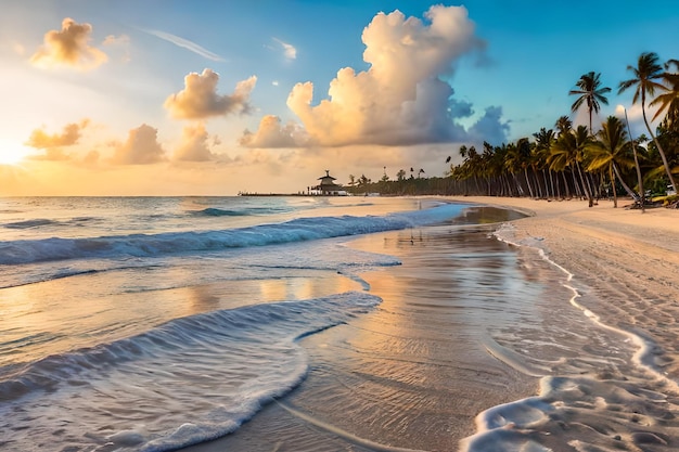 een strand met palmbomen en een zonsondergang op de achtergrond