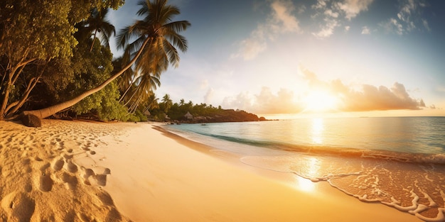 Een strand met palmbomen en een zonsondergang