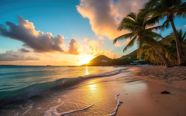 Een strand met palmbomen en een zonsondergang