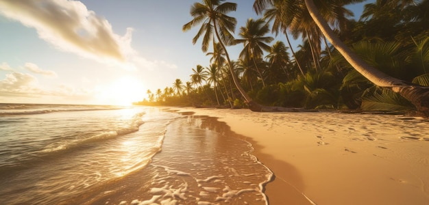 Een strand met palmbomen en een zonsondergang