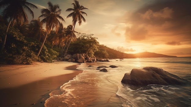 Een strand met palmbomen en een zonsondergang