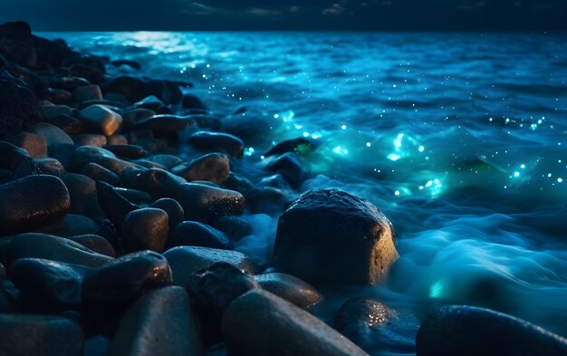 Foto een strand met rotsen en de maan op de achtergrond