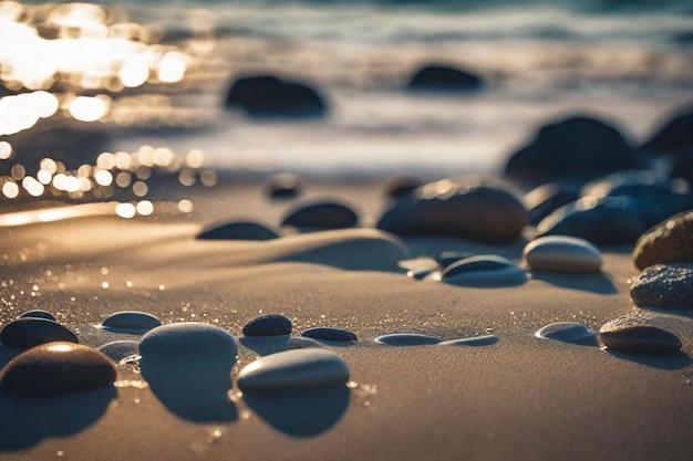 een strand met rotsen en water op het zand