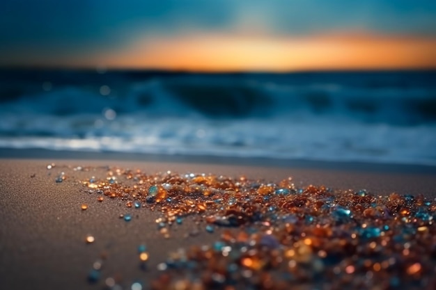 Een strand met schelpen en daarachter de ondergaande zon
