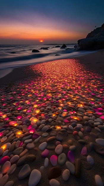 Een strand met stenen en lichtjes erop