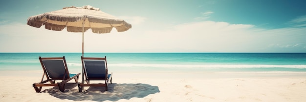Een strand met twee ligstoelen en een parasol erop