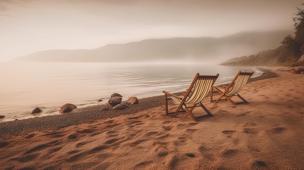 Een strand met uitzicht op het meer en twee lege stoelen op het strand.