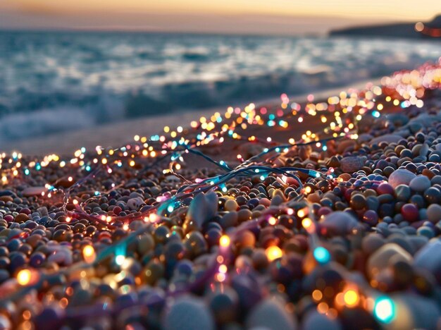 Foto een strand met veel gekleurde lichten en een strandbeeld