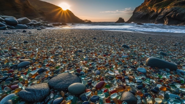 Een strand met veel kleurrijke rotsen waar de zon op schijnt