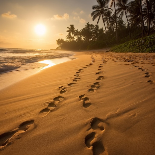 Een strand met voetafdrukken in het zand en de ondergaande zon