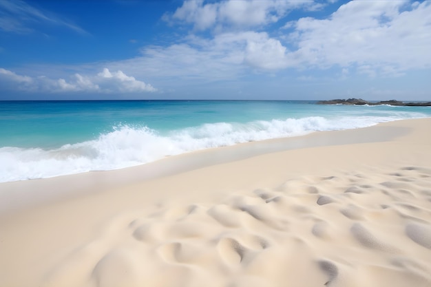 Een strand met wit zand en blauwe lucht