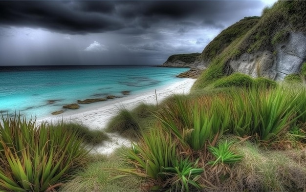 Foto een strand met wit zand en groene planten erop