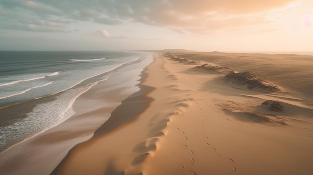Een strand met zand en golven bij zonsondergang