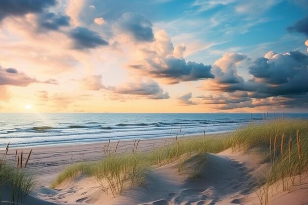 Foto een strand met zandduinen en een zonsondergang