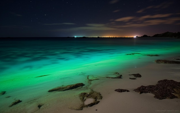 Een strand 's nachts met de lichten aan.