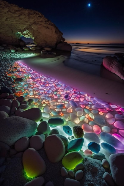 Een strand 's nachts met kleurrijke kiezels en een maanverlichte hemel.