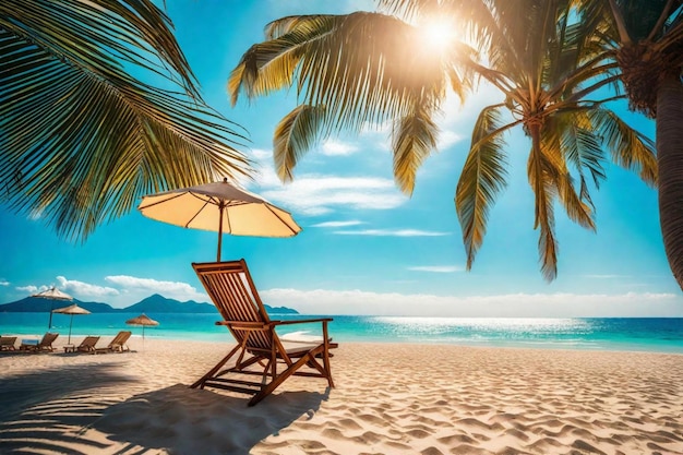 een strand scène met een stoel en palmbomen op het strand
