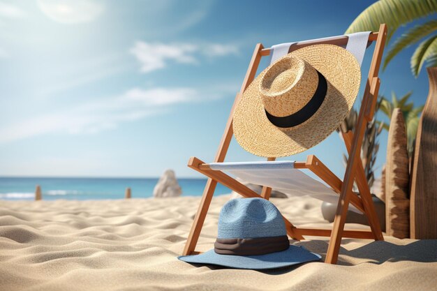 Een strand scène met een stoel hoed en zonnebril