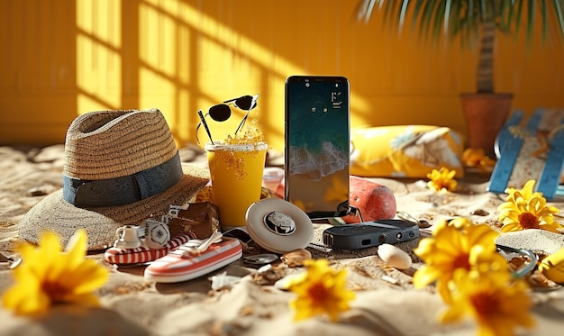 een strand scène met een telefoon en zonnebloemen op de tafel