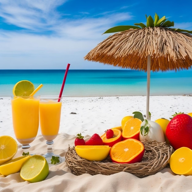 Een strand scène met fruit en dranken op het zand