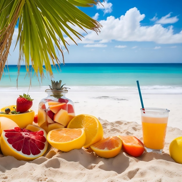 Een strand scène met fruit en dranken op het zand