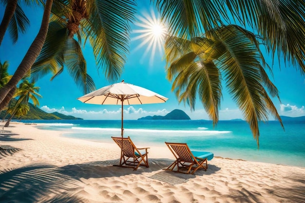 een strand scène met stoelen en paraplu's en de zon schijnt door de bomen