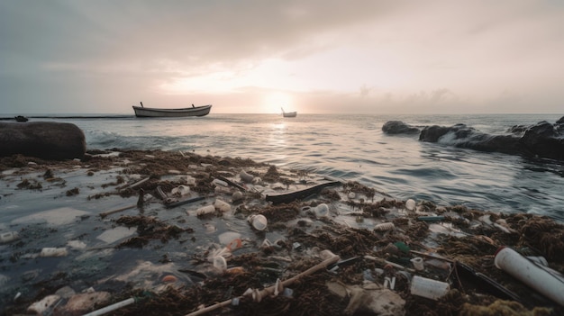 Een strand vol afval en plastic afval Generatieve AI