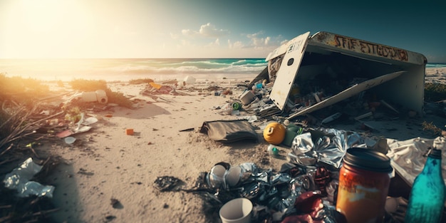 Een strand vol afval en plastic zakkenStrandvervuiling