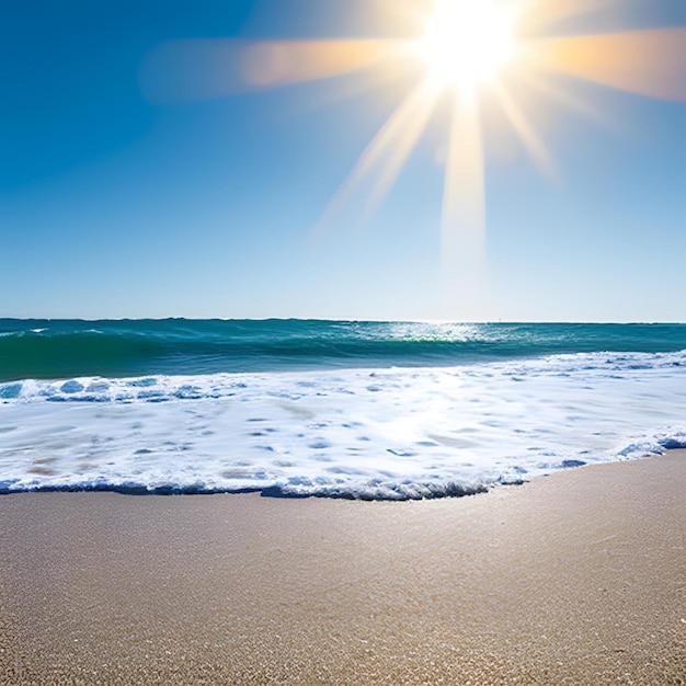Foto een strand waar een felle zon op schijnt