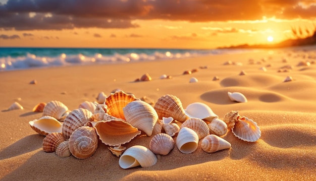 Een strandbeeld met een grote stapel schelpen verspreid over het zand De schelpen zijn van verschillende maten en vormen en creëren een prachtige en kleurrijke weergave