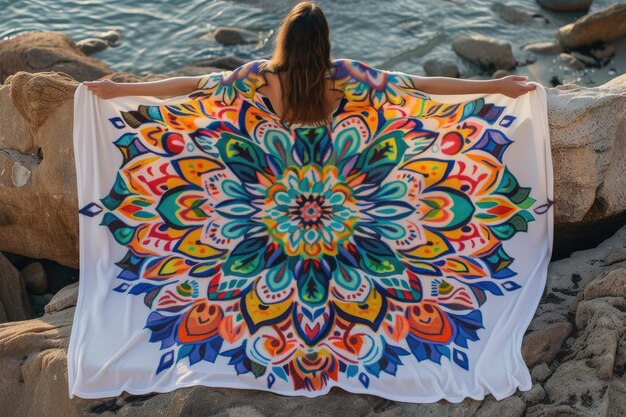 Een strandhanddoek versierd met een serene mandala patroon