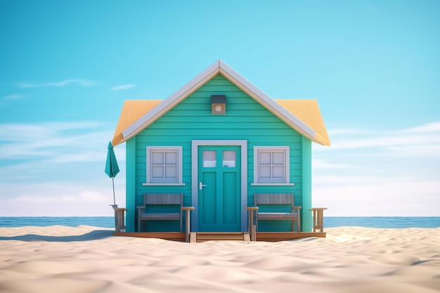 Een strandhuis met een blauwe deur en een gele luifel