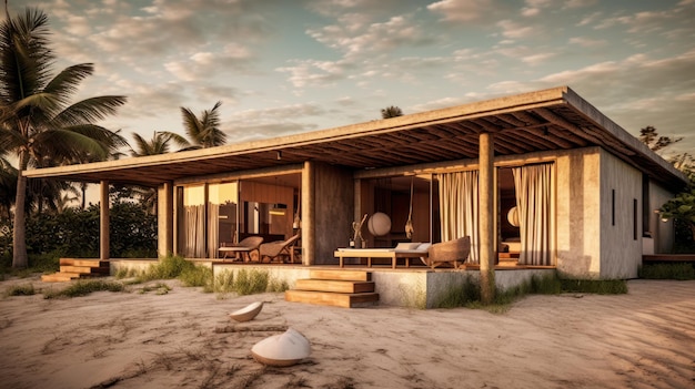 Een strandhuis met een palmboom op de achtergrond