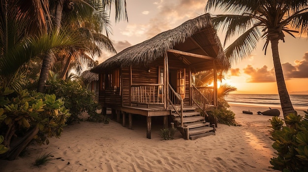 Een strandhuis met een rieten dak en palmbomen bij zonsondergang