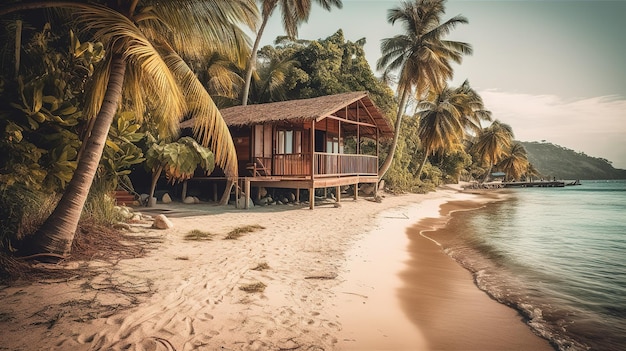 Een strandhuis met palmbomen op de achtergrond