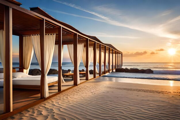 Een strandhuis met uitzicht op de oceaan en de oceaan op de achtergrond.