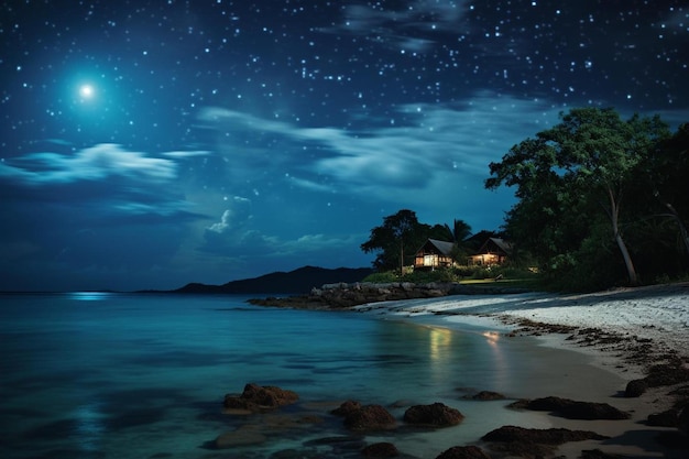 een strandhuis op een sterrennacht met een sterrenhemel en een huis aan het strand.