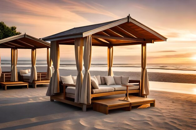 Een strandhuisje met een strandtafereel en een stoel met tafel en stoelen.