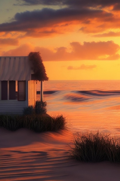 Een strandhut aan de oceaan met een prachtige zonsondergang op de achtergrond.