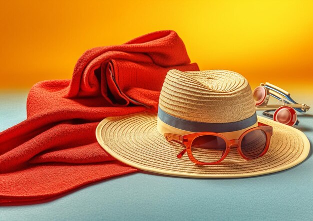 Een strandlaken, een hoed en een zonnebril liggen op een bed met een rode deken.