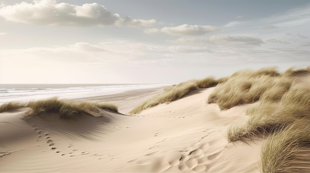 Een strandlandschap met zandduinen en golven