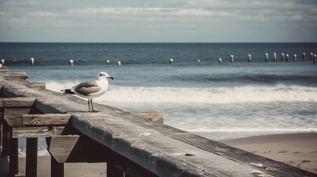 Een strandscène met een meeuw op een pier Generative AI