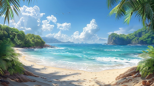 een strandscène met een strand en een palmboom