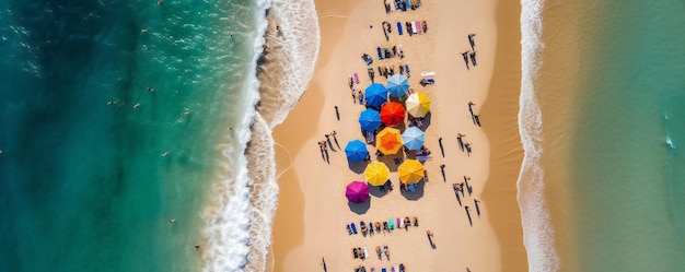 Een strandscène met parasols op het zand en de oceaan op de achtergrond.