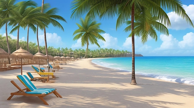 een strandscène met stoelen en palmbomen