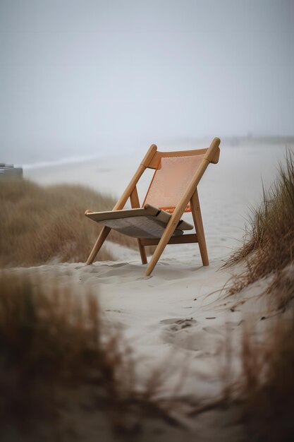 Een strandstoel op een strand in de mist