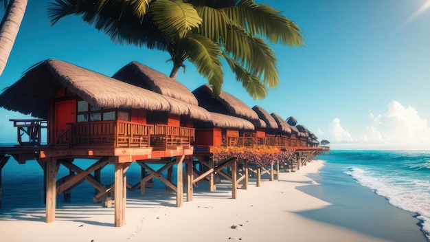 Een strandtafereel met bungalows en palmbomen op het strand.