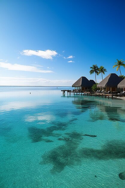 Een strandtafereel met een blauw water en palmbomen op de voorgrond.