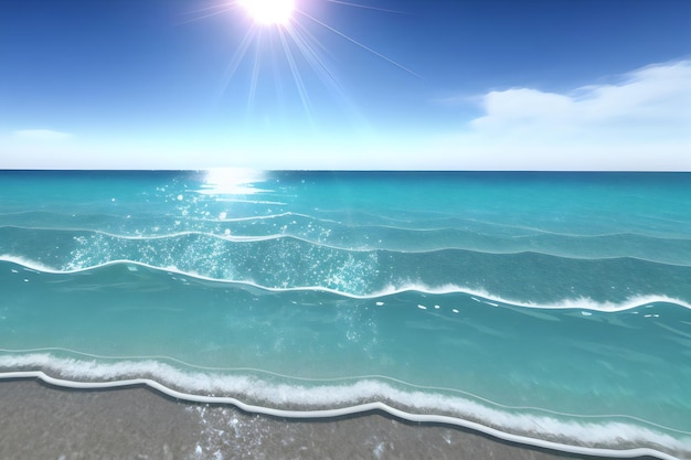 Een strandtafereel met een blauwe lucht en de zon die erop schijnt.
