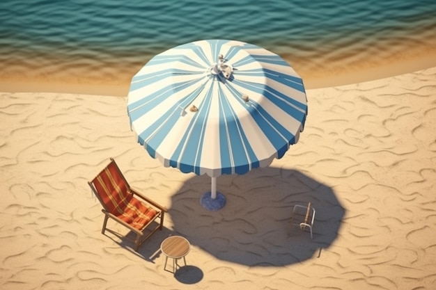 Een strandtafereel met een blauwe paraplu en een stoel op het zand.
